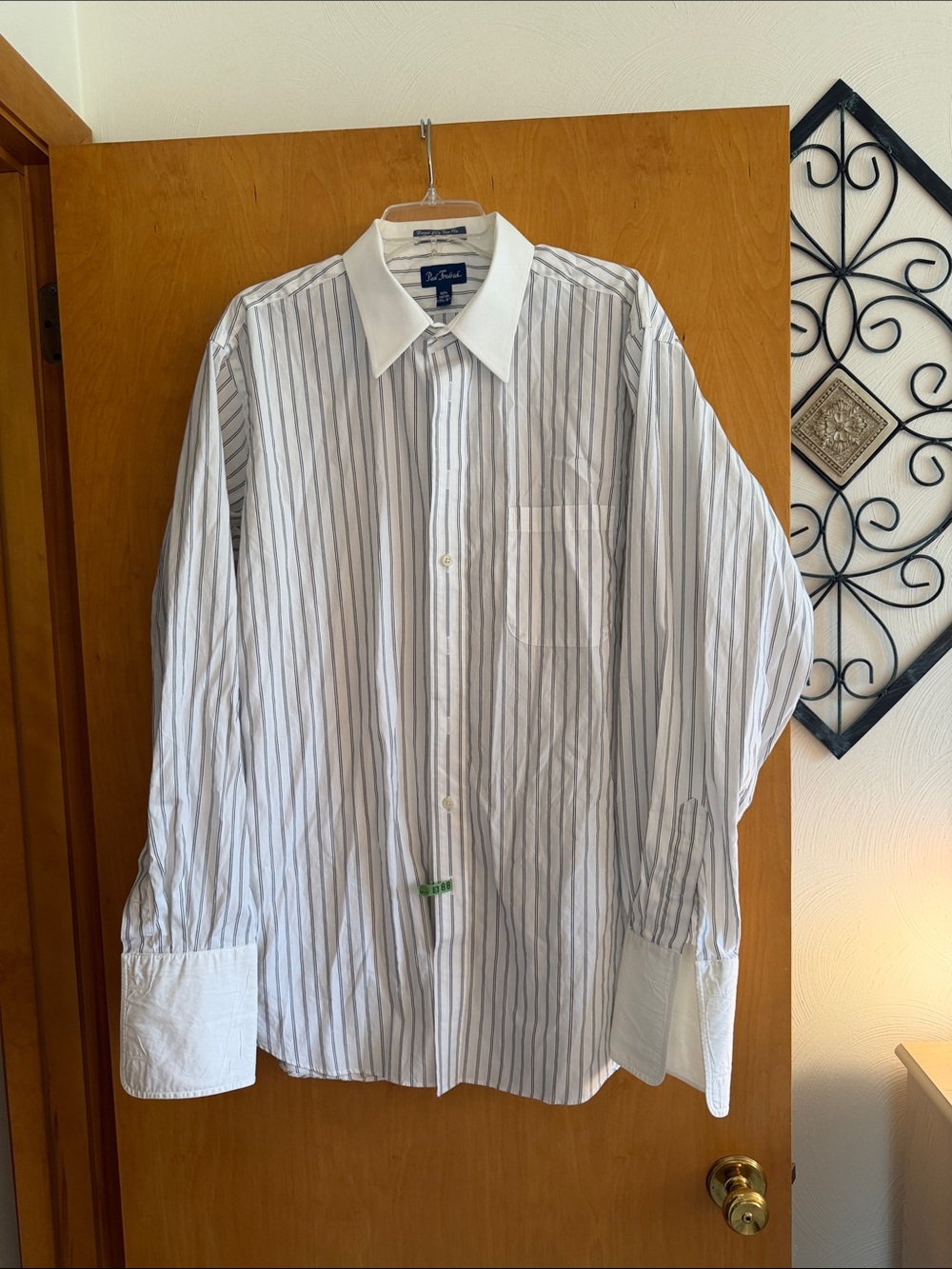 Paul Fredrick black and white striped dress shirt with cuff link cuffs